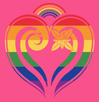 Pink Shirt Day logo with rainbow, heart, koru and flower motifs.