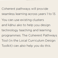 Coherent pathways will provide seamless learning across years 1 to 13.  You can use existing clusters and kāhui ako to help you design technology teaching and learning programmes. The Coherent Pathways Tool (in the Local Curriculum Design Toolkit) can also help you do this.