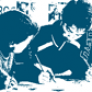 Blue and white image of three students writing. 