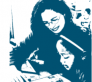 Blue and white image of teacher working with a child. 