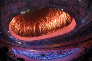 Fireworks at Beijing Olympics opening ceremony.